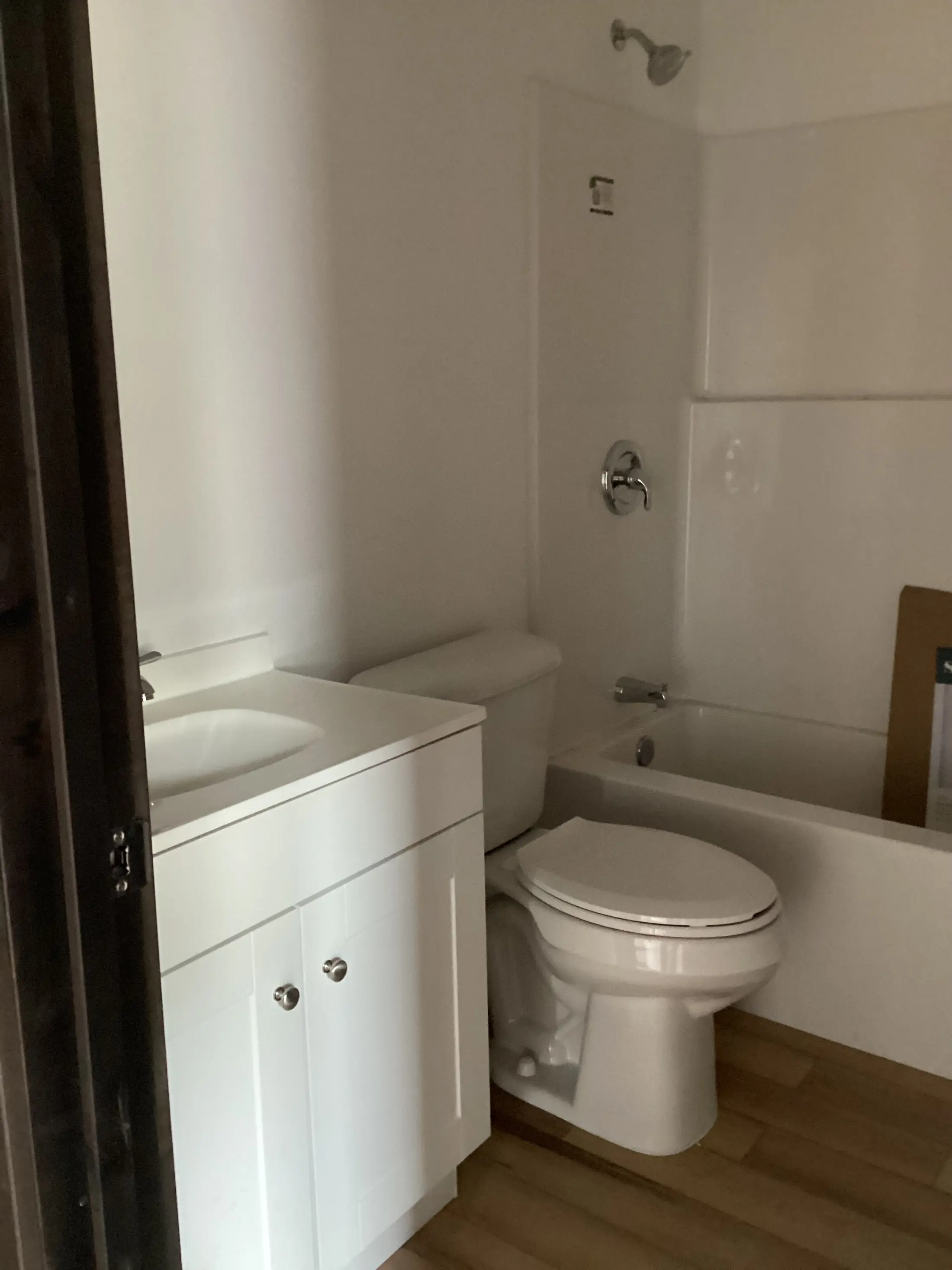 Full bathroom with tub and shower in a Teton Valley build